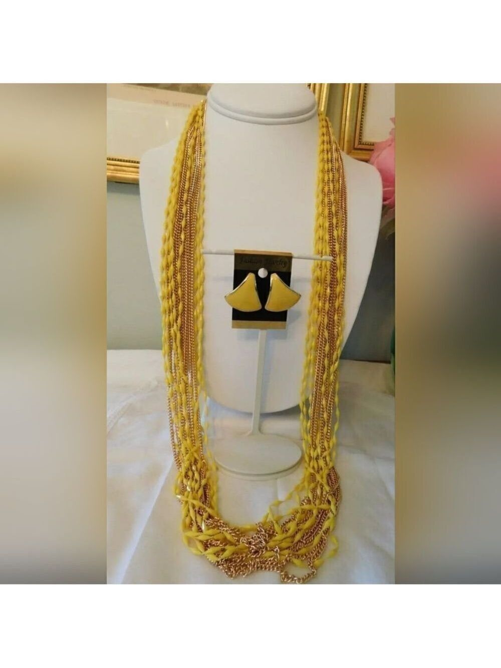 Vintage Gold and Yellow Multi Strand Necklace and Yellow Napier Earrings Set